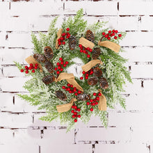 Load image into Gallery viewer, 10Leccion 22” Artificial Christmas Door Wreath, Christmas Wreaths for Front Door, Winter Wreath with Pine Cone, Red Berries, Burlap Ribbon &amp; Snowflake, Holiday Outdoor Wreath Decorations
