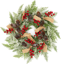 Load image into Gallery viewer, 10Leccion 22” Artificial Christmas Door Wreath, Christmas Wreaths for Front Door, Winter Wreath with Pine Cone, Red Berries, Burlap Ribbon &amp; Snowflake, Holiday Outdoor Wreath Decorations
