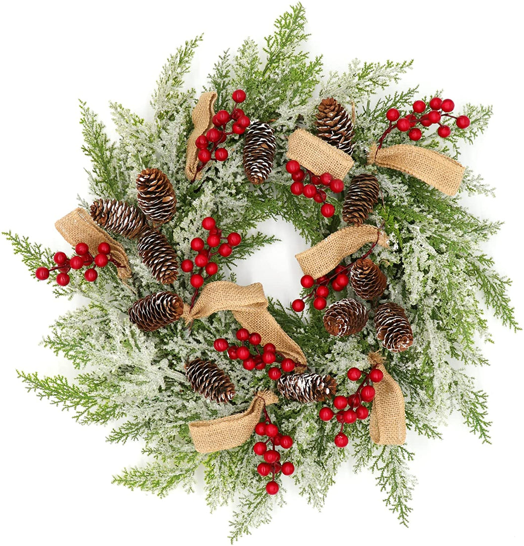 10Leccion 22” Artificial Christmas Door Wreath, Christmas Wreaths for Front Door, Winter Wreath with Pine Cone, Red Berries, Burlap Ribbon & Snowflake, Holiday Outdoor Wreath Decorations