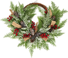 Load image into Gallery viewer, 10Leccion Christmas Artificial Wreath for Front Door, Outdoor Christmas Wreath Flocked with Mixed Decorations, Holiday Greenery Wreath with Pinecones, Red Berries, and Snowflake, 23 inches
