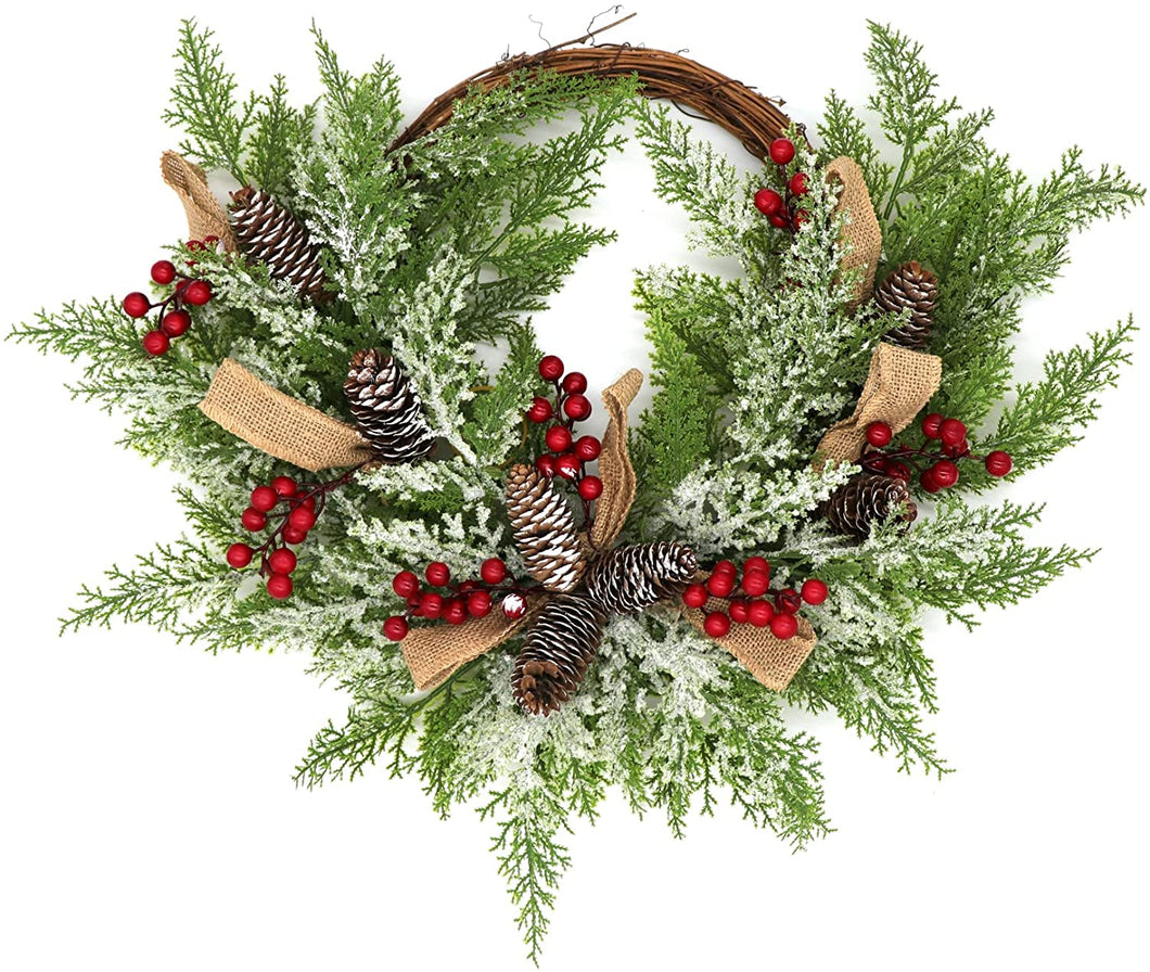 10Leccion Christmas Artificial Wreath for Front Door, Outdoor Christmas Wreath Flocked with Mixed Decorations, Holiday Greenery Wreath with Pinecones, Red Berries, and Snowflake, 23 inches